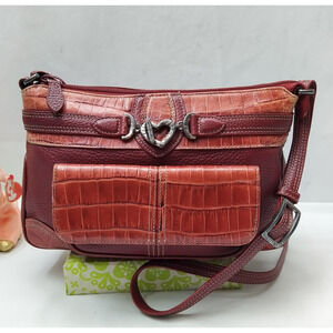 Brighton Red Leather Crocodile Embossed Zipper Pockets Crossbody Bag